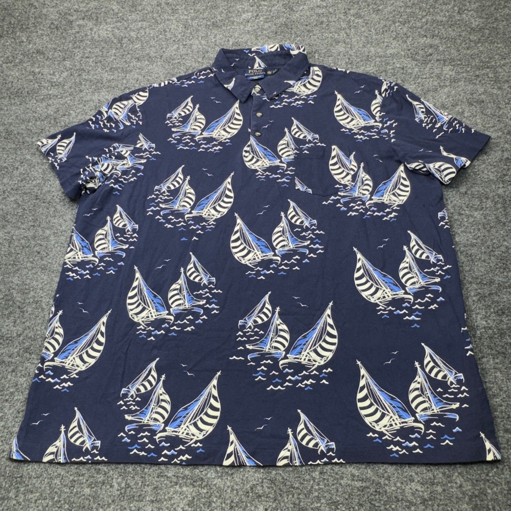 Polo Ralph Lauren Shirt Mens 2XL Blue Sailboat Nautical Featherweight Mesh Polo